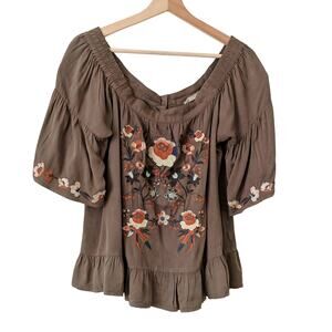 Altar'd State Top Olive Green Boho Off Shoulder Embroidered Floral Shirt Medium‎